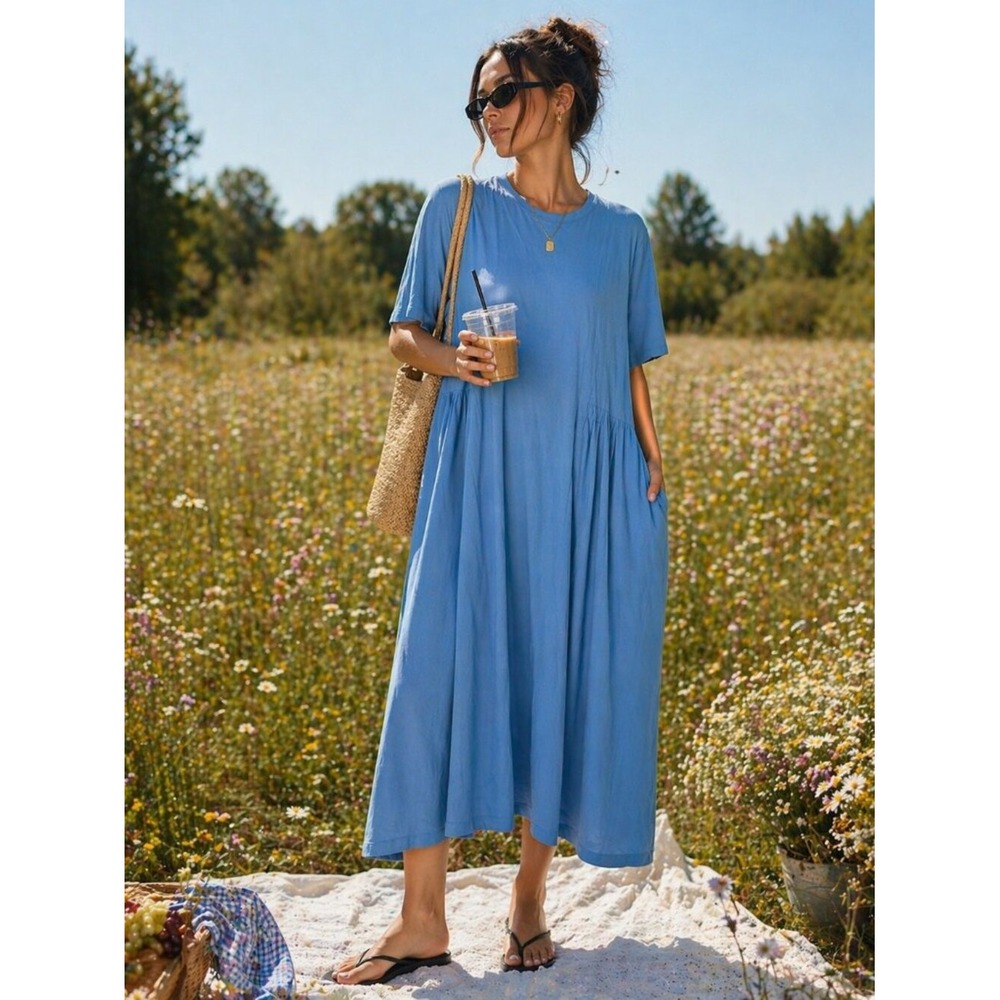 LOGO Lori Goldstein Blue Cotton Modal Short Sleeve Midi Pocket Dress Large